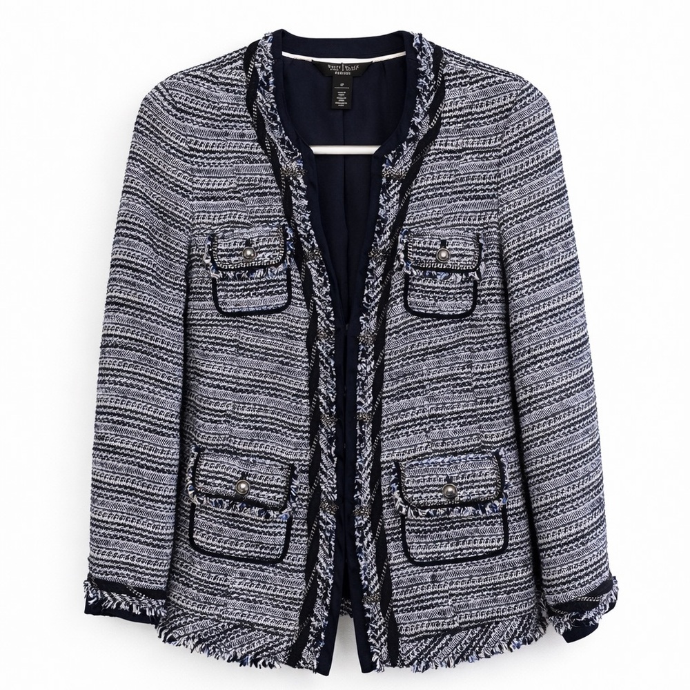 WHBM Tweed Fringe Jacket Petite 6P Navy Chain Trim Chanel Style Blazer
